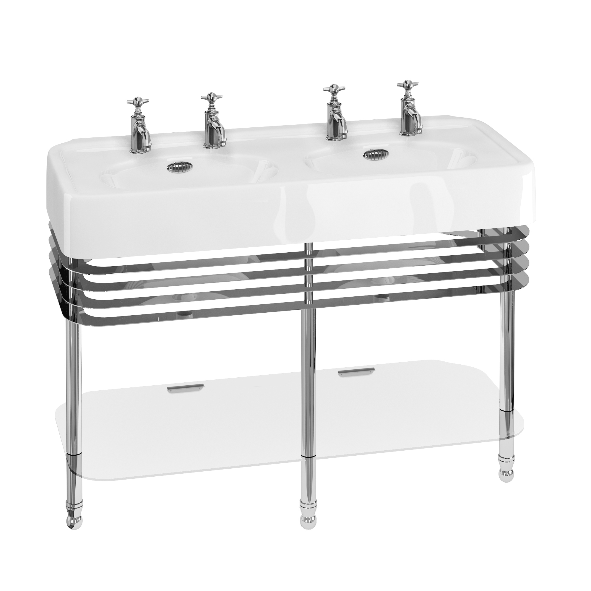 Arcade 1200mm basin with chrome overflow & basin stand with double basin & overflows